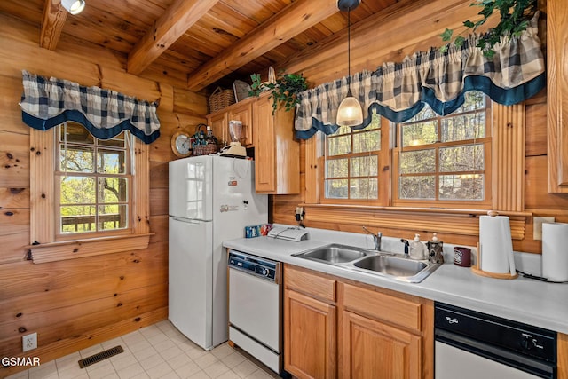 kitchen with light countertops, visible vents, wooden ceiling, a sink, and white appliances
