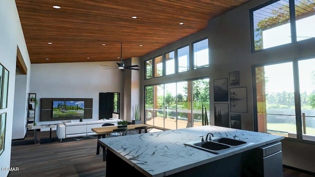 kitchen featuring a sink, open floor plan, wooden ceiling, and a towering ceiling