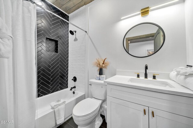 full bathroom with vanity, toilet, and shower / bath combo with shower curtain