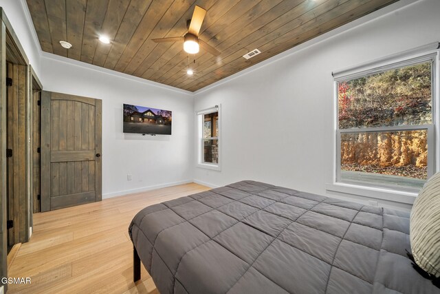 bedroom with hardwood / wood-style floors, ceiling fan, and wood ceiling