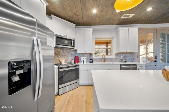 kitchen featuring french doors, sink, white cabinetry, stainless steel appliances, and wood ceiling