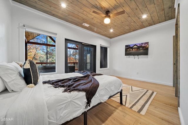 bedroom featuring light hardwood / wood-style flooring and wood ceiling