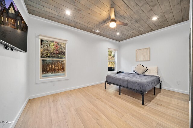 bedroom featuring light wood-type flooring, ceiling fan, and wooden ceiling