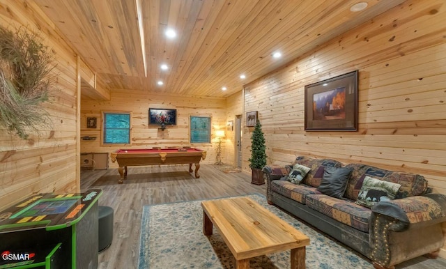 recreation room featuring wooden walls, wood-type flooring, pool table, and wooden ceiling