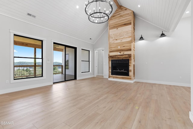 206 Eagle View Dr, Dandridge, TN 37725 - unfurnished living room with a chandelier, wooden ceiling, light wood finished floors, a fireplace, and recessed lighting