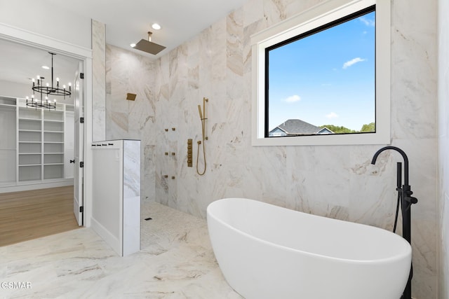 206 Eagle View Dr, Dandridge, TN 37725 - full bathroom with a marble finish shower, a freestanding bath, a spacious closet, marble tiled floors, and recessed lighting