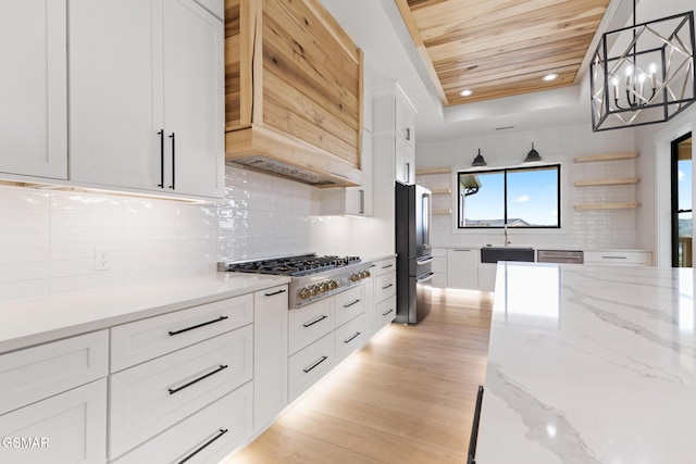 206 Eagle View Dr, Dandridge, TN 37725 - kitchen featuring wood ceiling, stainless steel appliances, white cabinets, a chandelier, and tasteful backsplash