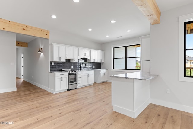 206 Eagle View Dr, Dandridge, TN 37725 - kitchen featuring stainless steel electric range, healthy amount of natural light, decorative backsplash, white cabinetry, and recessed lighting