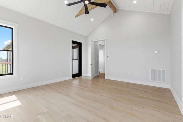 206 Eagle View Dr, Dandridge, TN 37725 - spare room featuring a ceiling fan, light wood-style floors, recessed lighting, high vaulted ceiling, and a wood ceiling with exposed beams