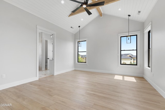 206 Eagle View Dr, Dandridge, TN 37725 - empty room featuring ceiling fan, light wood-type flooring, high vaulted ceiling, recessed lighting, and a wooden ceiling with exposed beams