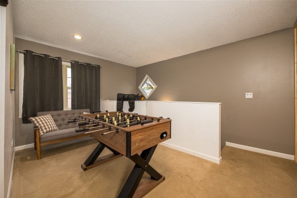 playroom featuring a textured ceiling, plenty of natural light, and light carpet