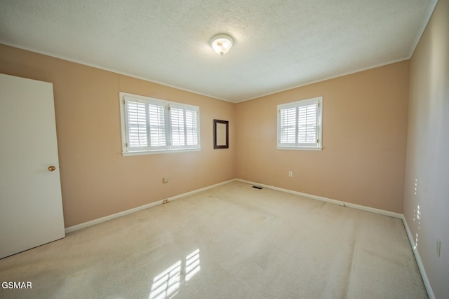 unfurnished room with light colored carpet and a textured ceiling