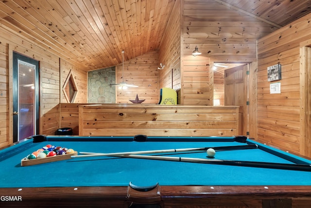 recreation room featuring wood ceiling, vaulted ceiling, billiards, and wood walls