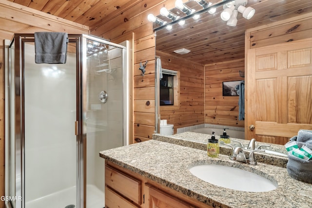 bathroom with wood ceiling, a shower with door, toilet, and wood walls