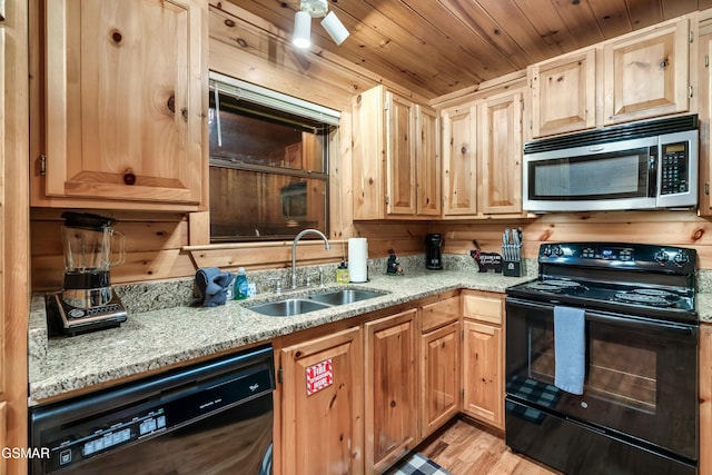 kitchen with sink, light stone counters, black appliances, light hardwood / wood-style floors, and wooden ceiling