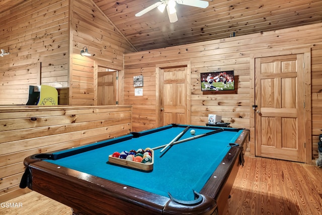 game room with lofted ceiling, wood ceiling, light hardwood / wood-style flooring, pool table, and wood walls