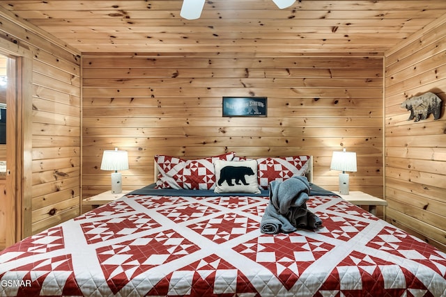 bedroom featuring wood ceiling, ceiling fan, and wood walls