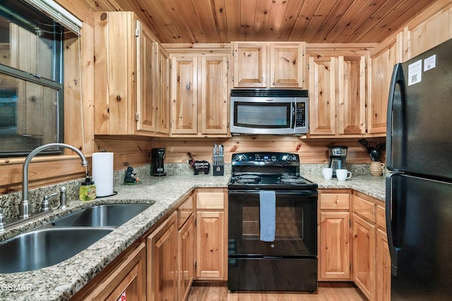 kitchen with black appliances, sink, wood ceiling, light stone counters, and light brown cabinets