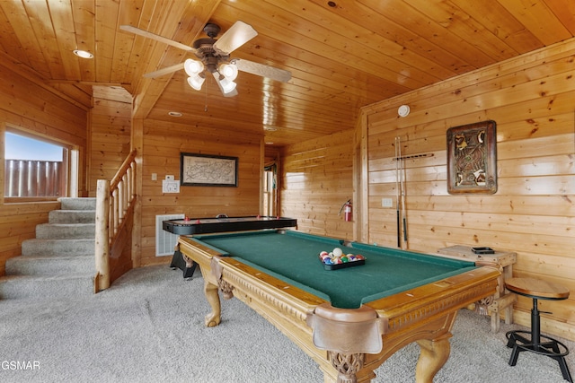 2326 Top Of The World Dr, Sevierville, TN 37876 - rec room featuring carpet, wood ceiling, wooden walls, ceiling fan, and billiards