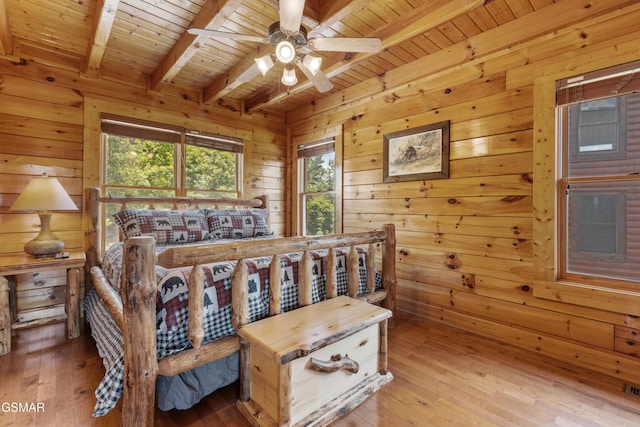 2326 Top Of The World Dr, Sevierville, TN 37876 - bedroom with a wood ceiling with exposed beams, wood-type flooring, and wooden walls