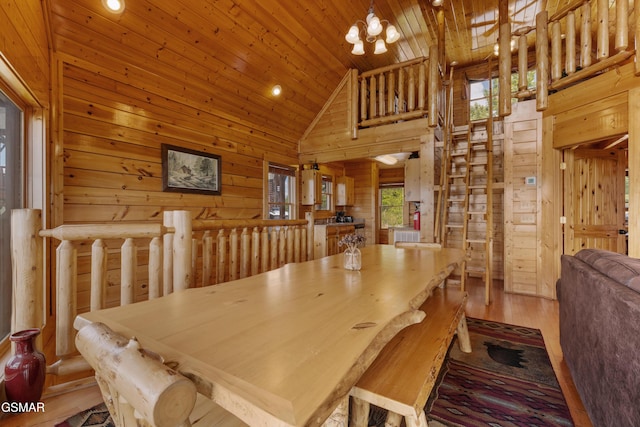 2326 Top Of The World Dr, Sevierville, TN 37876 - dining area with high vaulted ceiling, wooden ceiling, wood walls, wood finished floors, and a chandelier