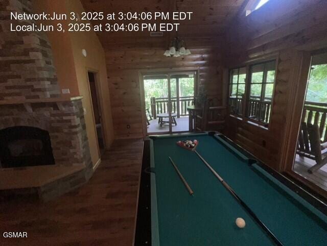 414 Swaying Pines Dr, Sevierville, TN 37876 - rec room with wood finished floors, pool table, wooden ceiling, and a fireplace