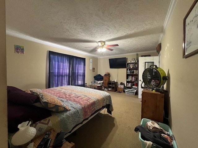 carpeted bedroom featuring ceiling fan, a textured ceiling, and ornamental molding