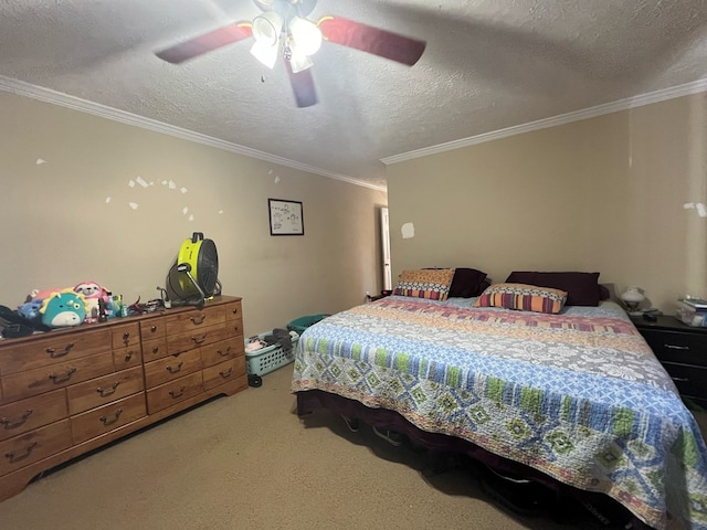 carpeted bedroom with a textured ceiling, ceiling fan, and crown molding