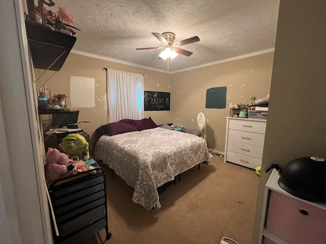 bedroom featuring a textured ceiling, ceiling fan, and crown molding