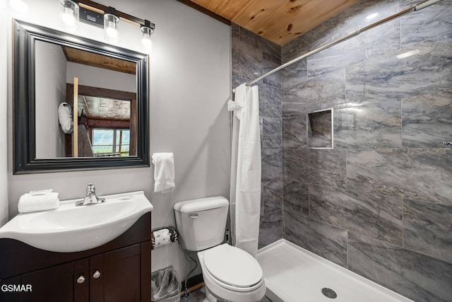 full bath with tiled shower, toilet, wooden ceiling, and vanity