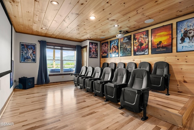 cinema room with recessed lighting, wood ceiling, and wood finished floors