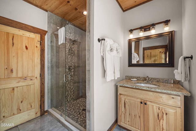 full bathroom with a stall shower, vanity, and wooden ceiling