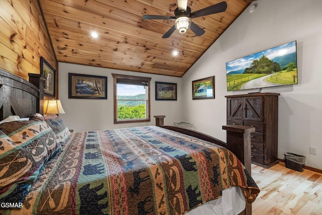 bedroom with lofted ceiling, light wood-style flooring, baseboards, wood ceiling, and ceiling fan