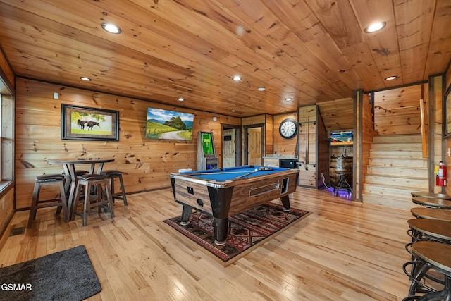 game room featuring recessed lighting, wood-type flooring, wood ceiling, and billiards