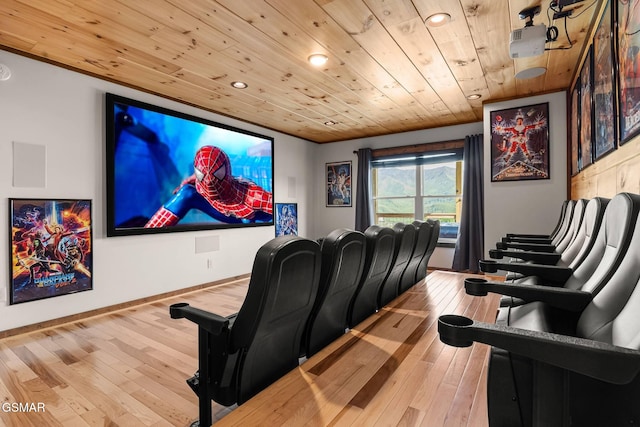 cinema room featuring recessed lighting, wood ceiling, baseboards, and hardwood / wood-style flooring