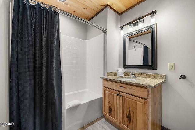 bathroom with wood ceiling, vanity, and shower / bathtub combination with curtain