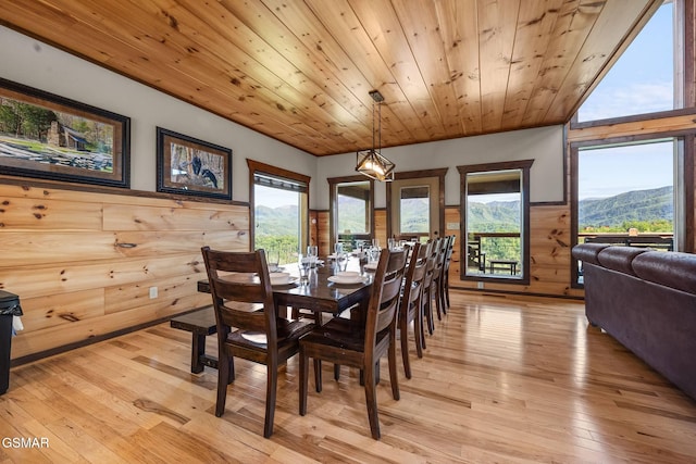 dining area with wooden walls, a wainscoted wall, wood ceiling, light wood-style floors, and a mountain view