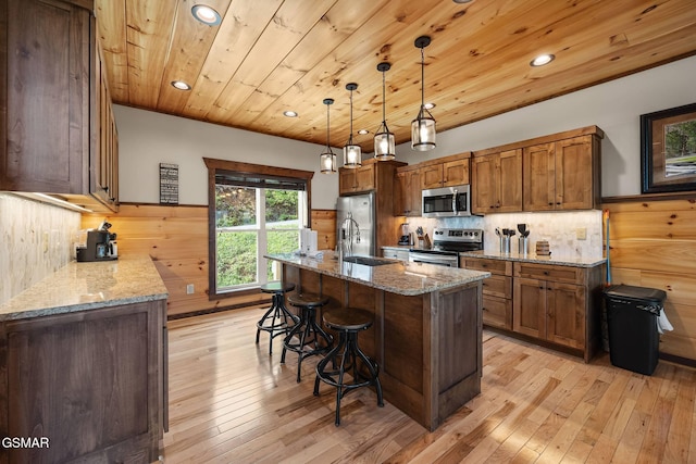 kitchen featuring stainless steel appliances, wood ceiling, wood walls, a kitchen bar, and tasteful backsplash