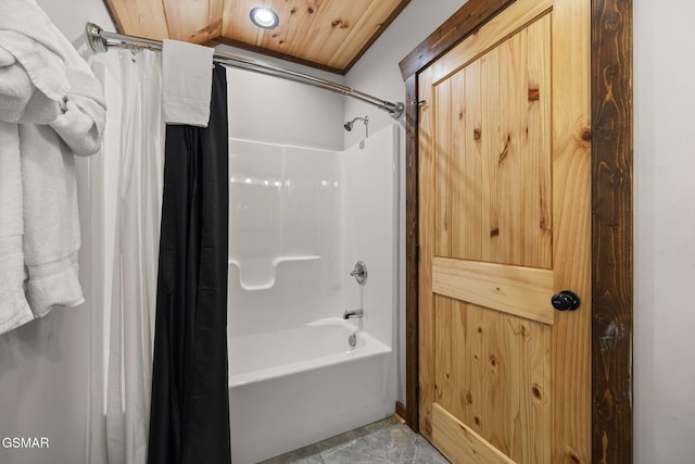 full bath featuring wood ceiling and shower / bathtub combination with curtain