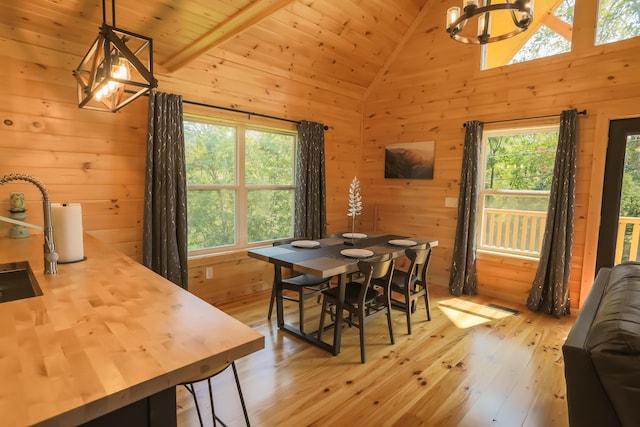 dining area featuring a notable chandelier, wooden ceiling, wood walls, and vaulted ceiling