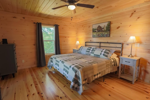 bedroom featuring ceiling fan, wooden ceiling, and light hardwood / wood-style floors