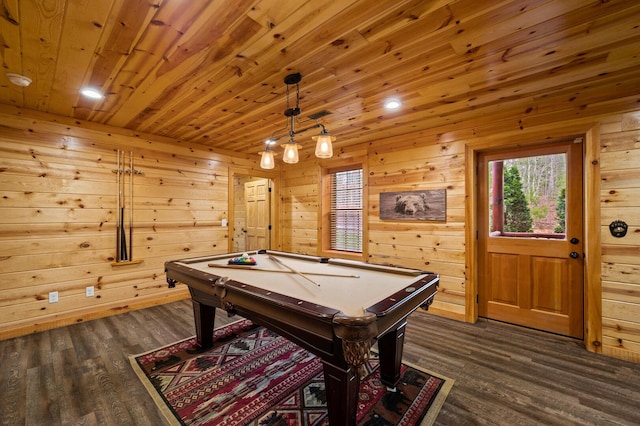 playroom featuring recessed lighting, pool table, wood ceiling, and dark wood-style flooring