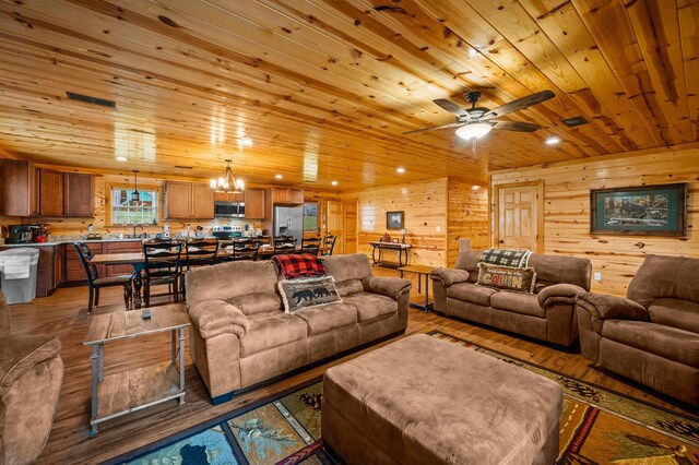 living area featuring recessed lighting, light wood-style floors, wood ceiling, and wooden walls