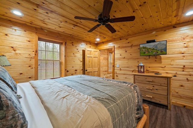 bedroom featuring wood finished floors, recessed lighting, wood ceiling, and wood walls