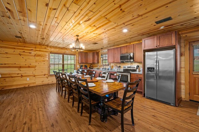 dining area featuring visible vents, a chandelier, wood walls, light wood-style flooring, and wooden ceiling