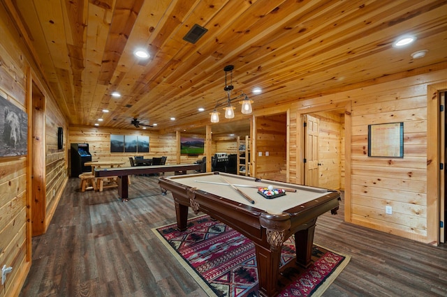 recreation room with billiards, wood ceiling, visible vents, and dark wood-type flooring