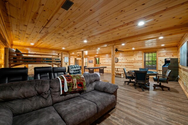 living room featuring wood finished floors, recessed lighting, wood ceiling, and visible vents