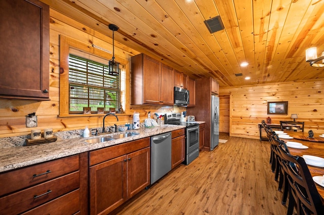 kitchen featuring a sink, light wood-style floors, wood ceiling, wood walls, and appliances with stainless steel finishes