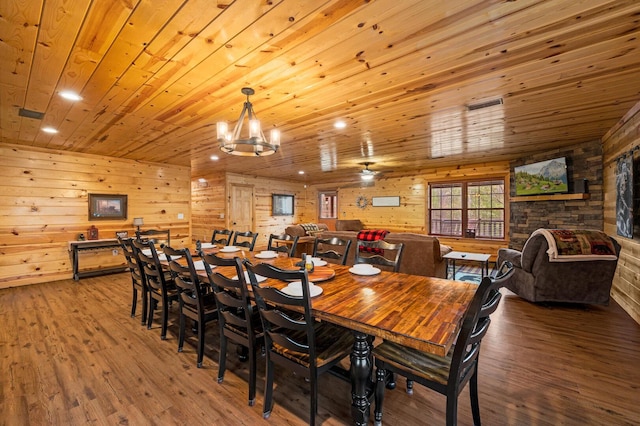 dining area with visible vents, recessed lighting, wooden ceiling, and wood finished floors