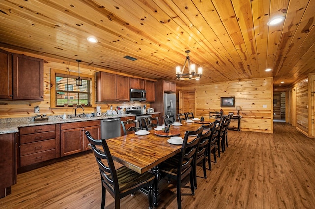 2103 Roscoe Ct, Sevierville, TN 37876 - dining space with wooden ceiling, a chandelier, wood finished floors, wooden walls, and recessed lighting